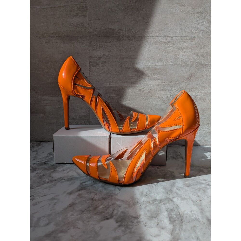 Jessica Simpson Orange Patent Clear Vinyl Pointed Toe Heels Women’s 6.5M